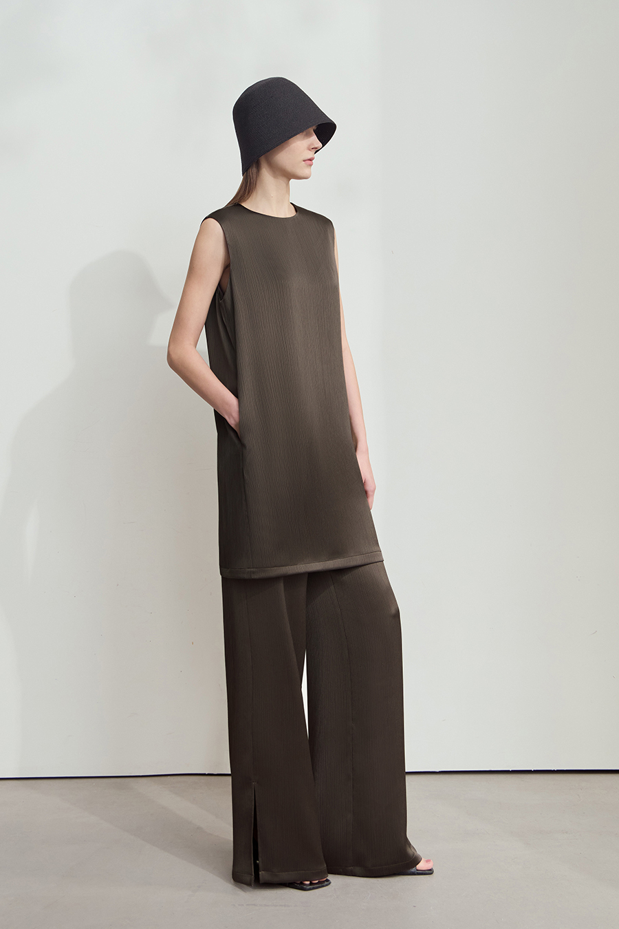 Crinkled Satin Dress+ Casual Pants