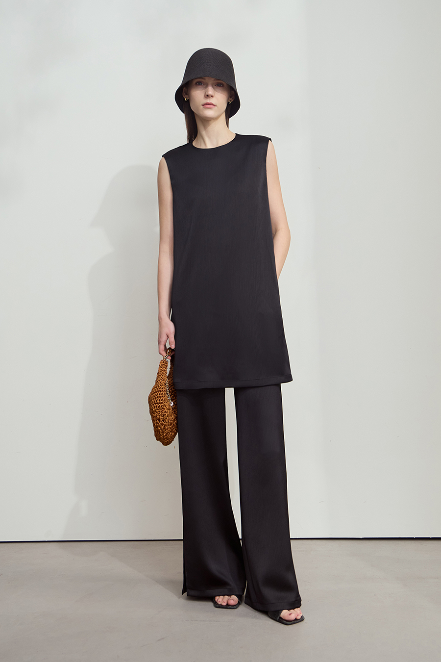 Crinkled Satin Dress+ Casual Pants