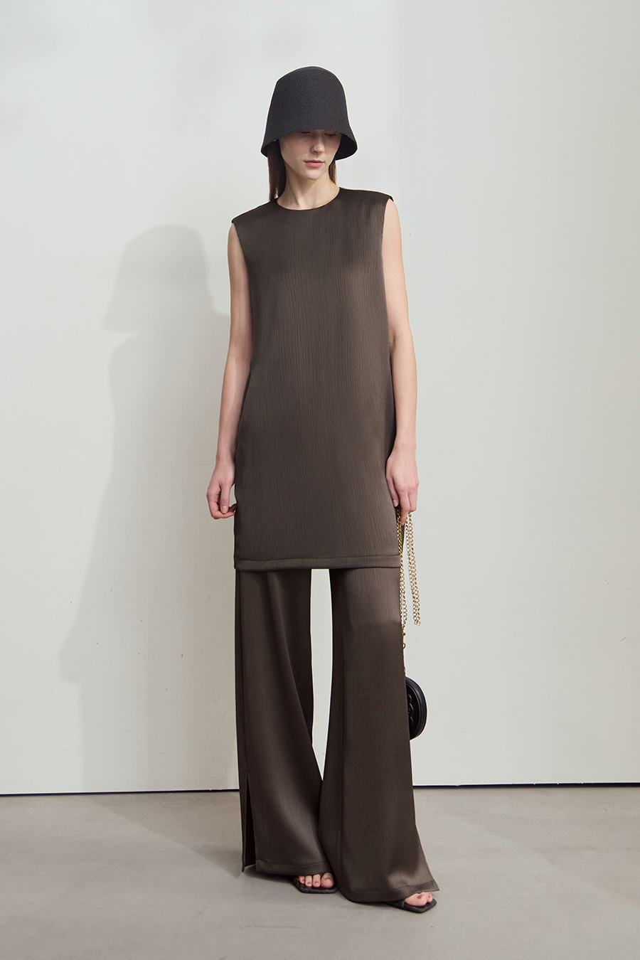 Crinkled Satin Dress+ Casual Pants