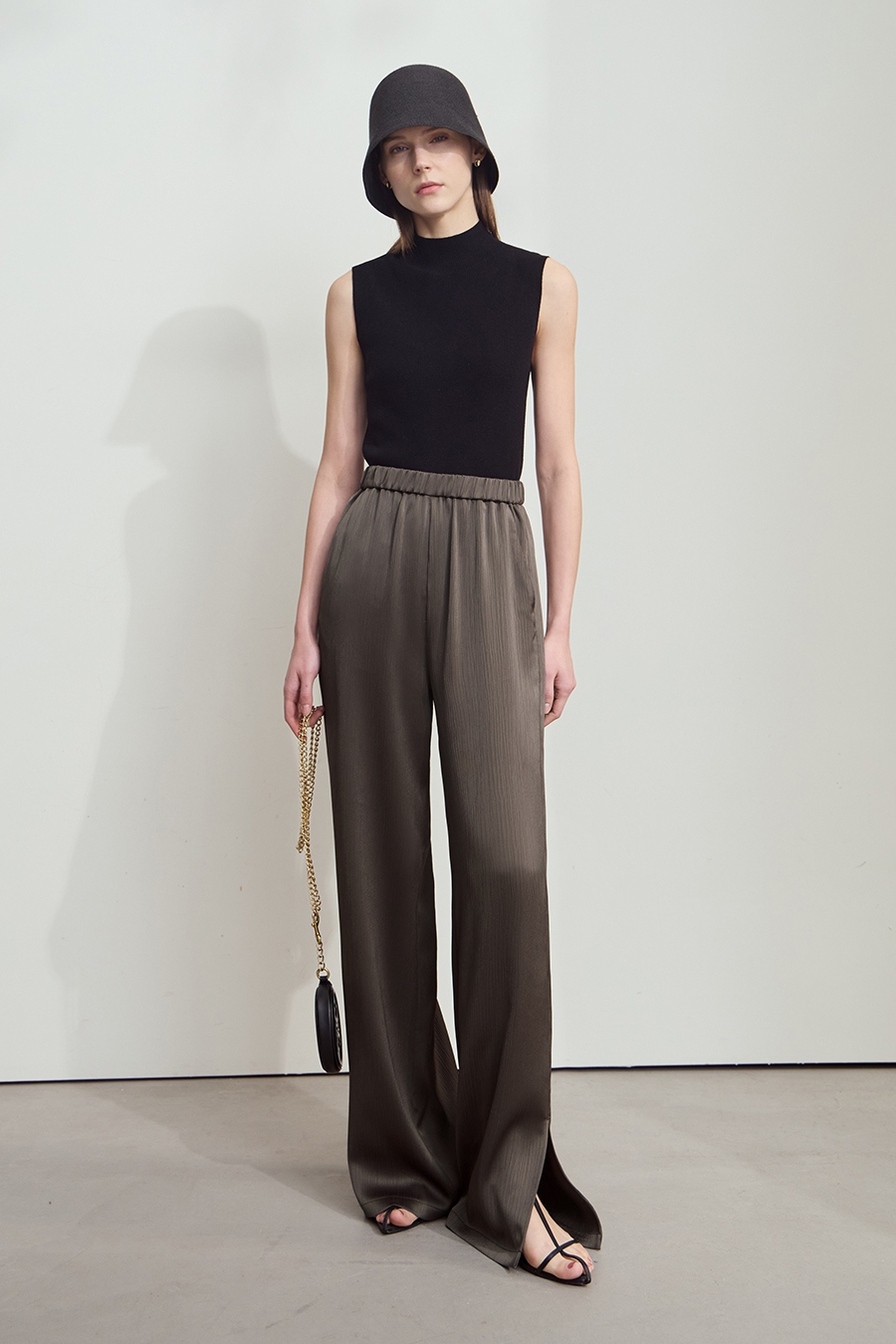 Crinkled Satin Dress+ Casual Pants