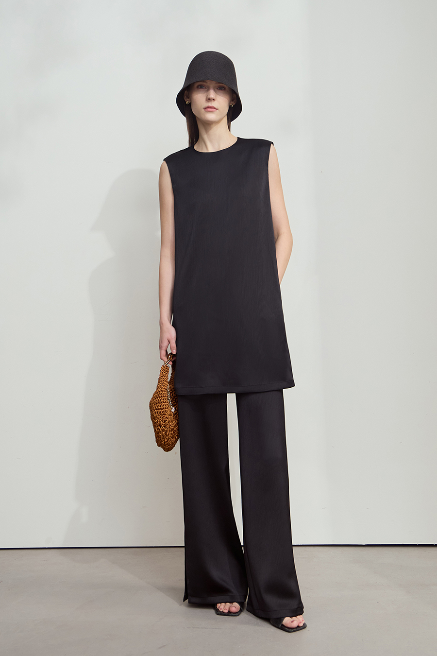 Crinkled Satin Dress+ Casual Pants