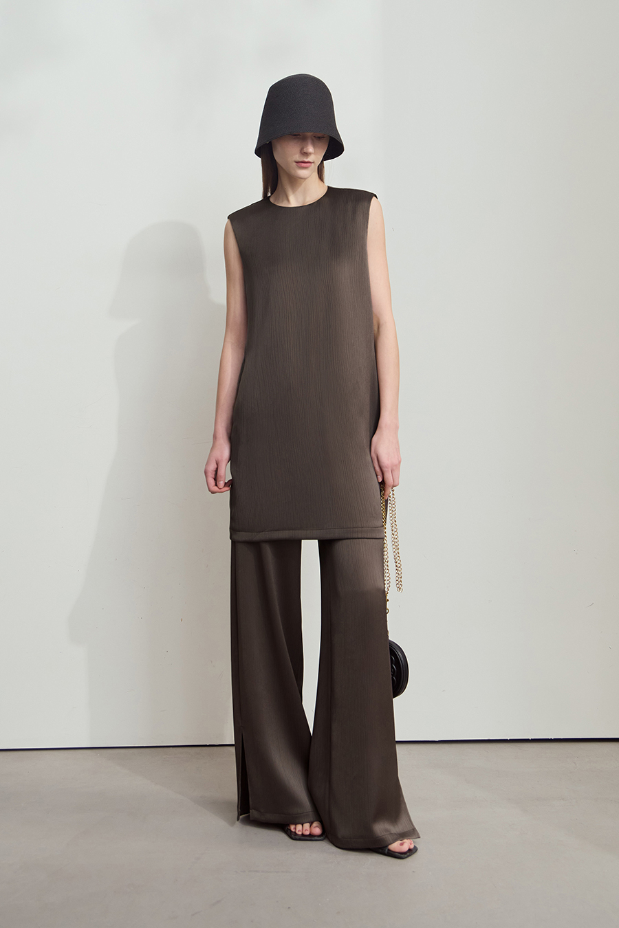 Crinkled Satin Dress+ Casual Pants