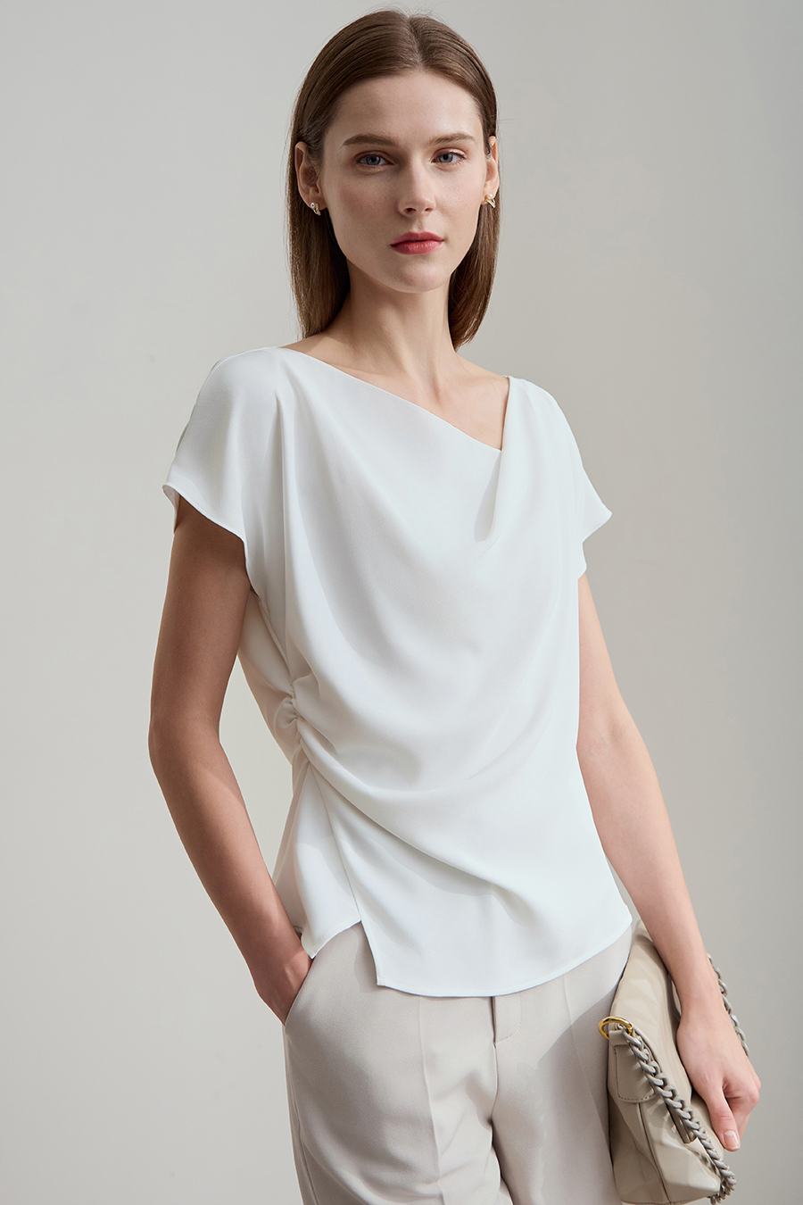 Draped Neck Raglan Chiffon Blouse