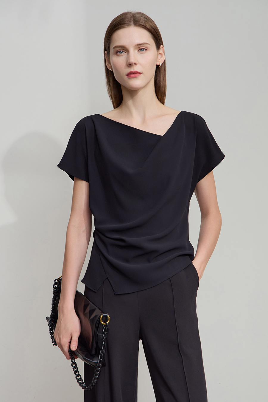 Draped Neck Raglan Chiffon Blouse