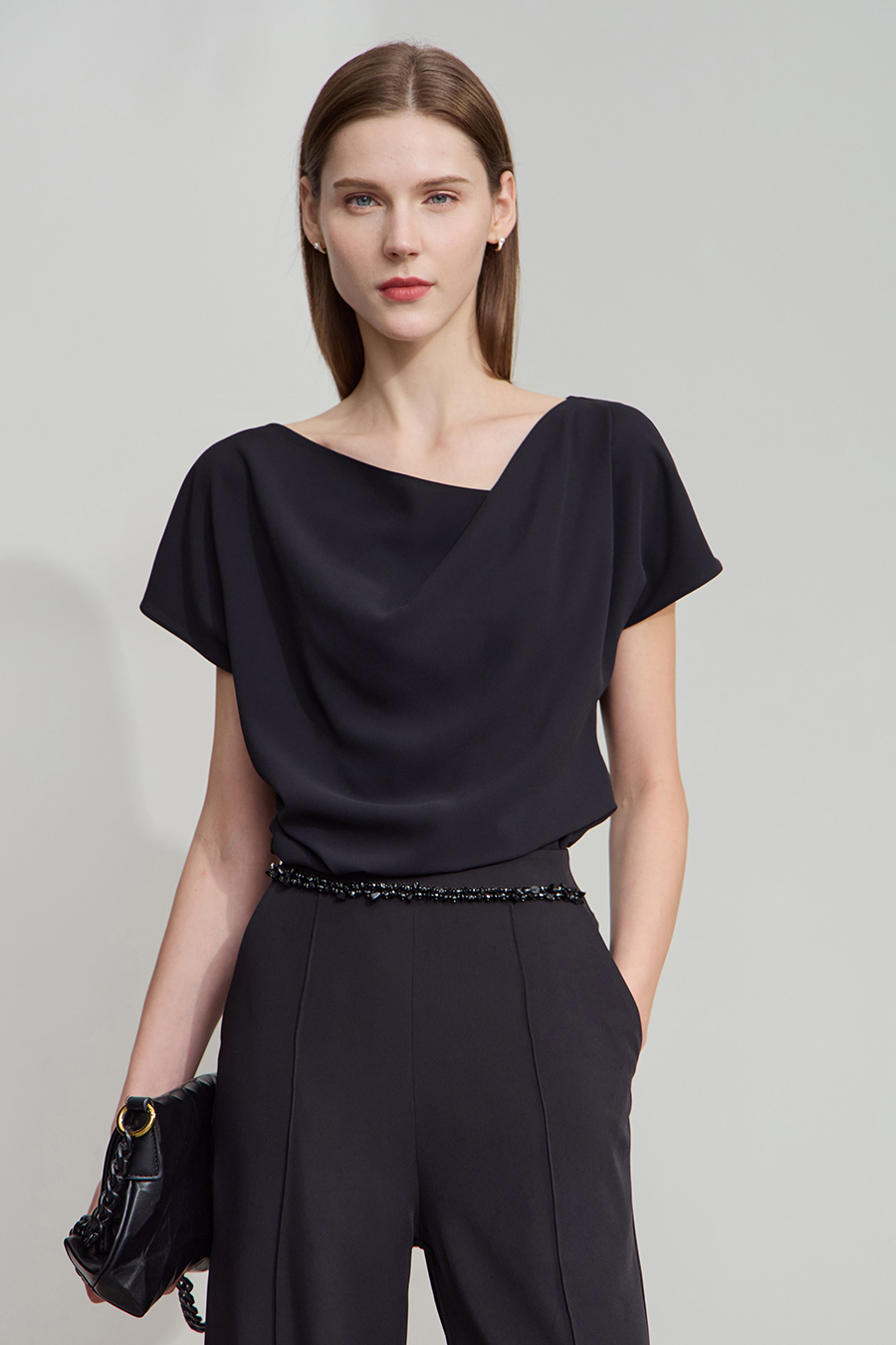 Draped Neck Raglan Chiffon Blouse