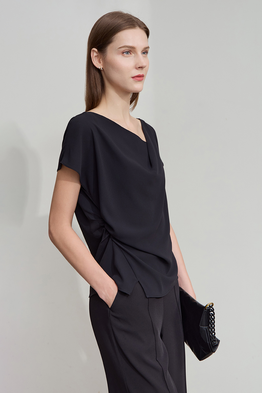 Draped Neck Raglan Chiffon Blouse