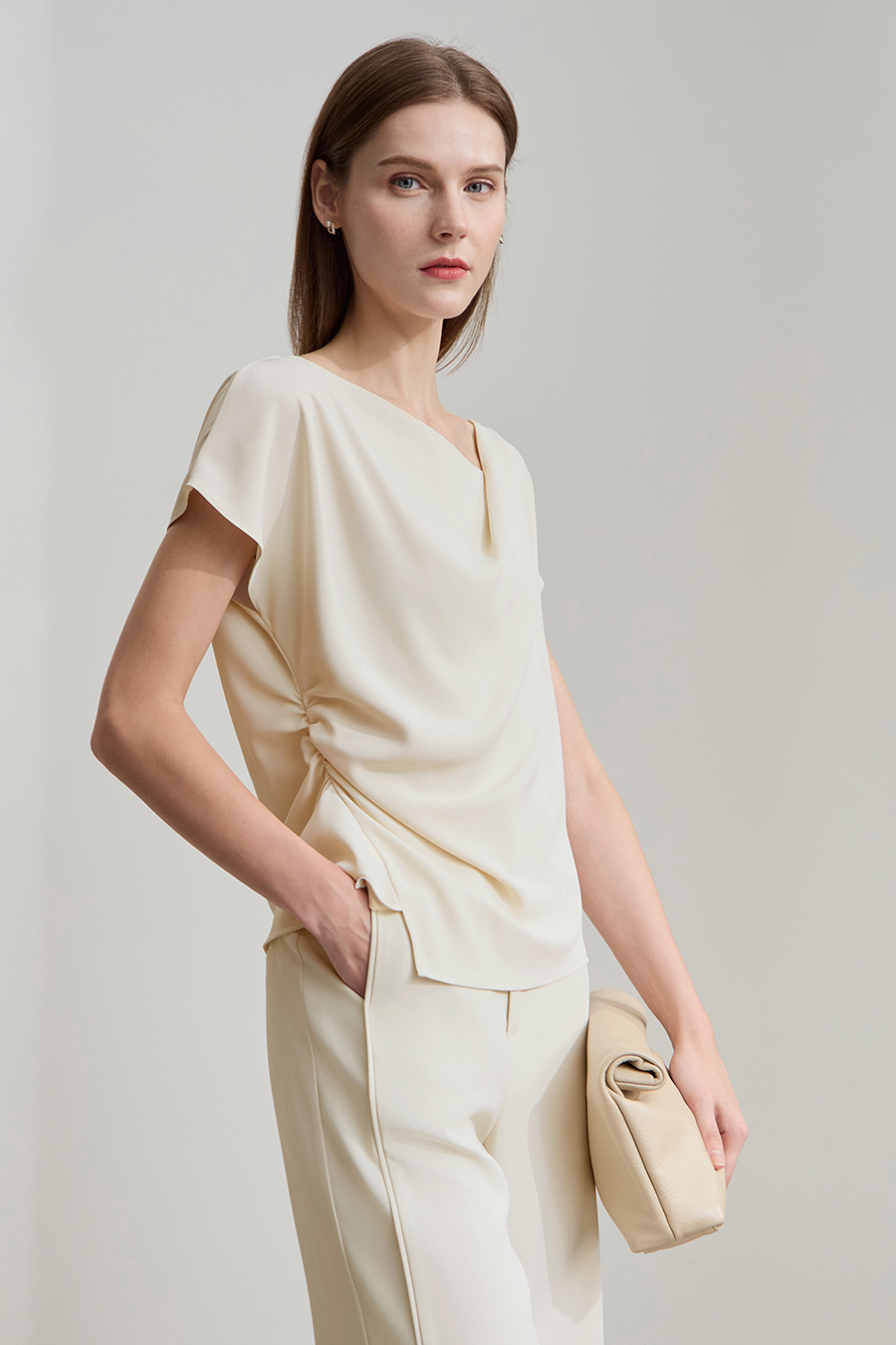 Draped Neck Raglan Chiffon Blouse