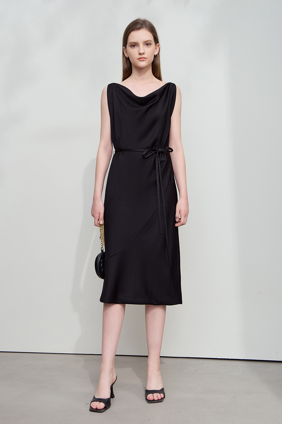 Thin Belt Cowl Neck Dress