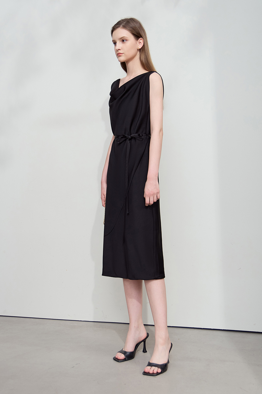 Thin Belt Cowl Neck Dress