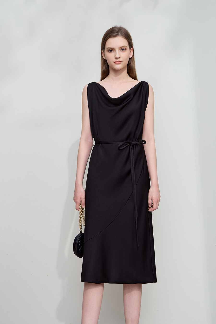 Thin Belt Cowl Neck Dress