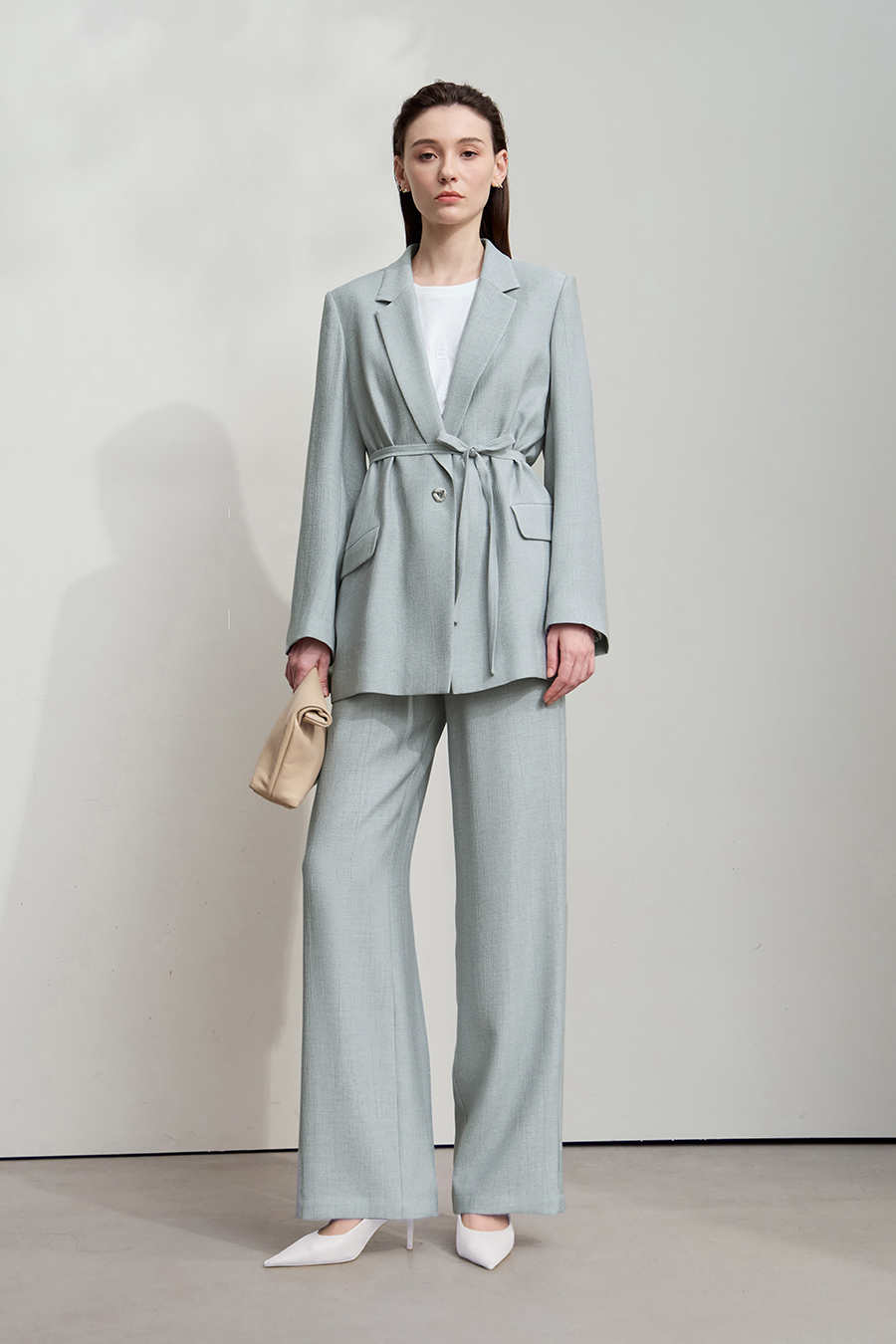 Tie Waist Padded Shoulder Blazer