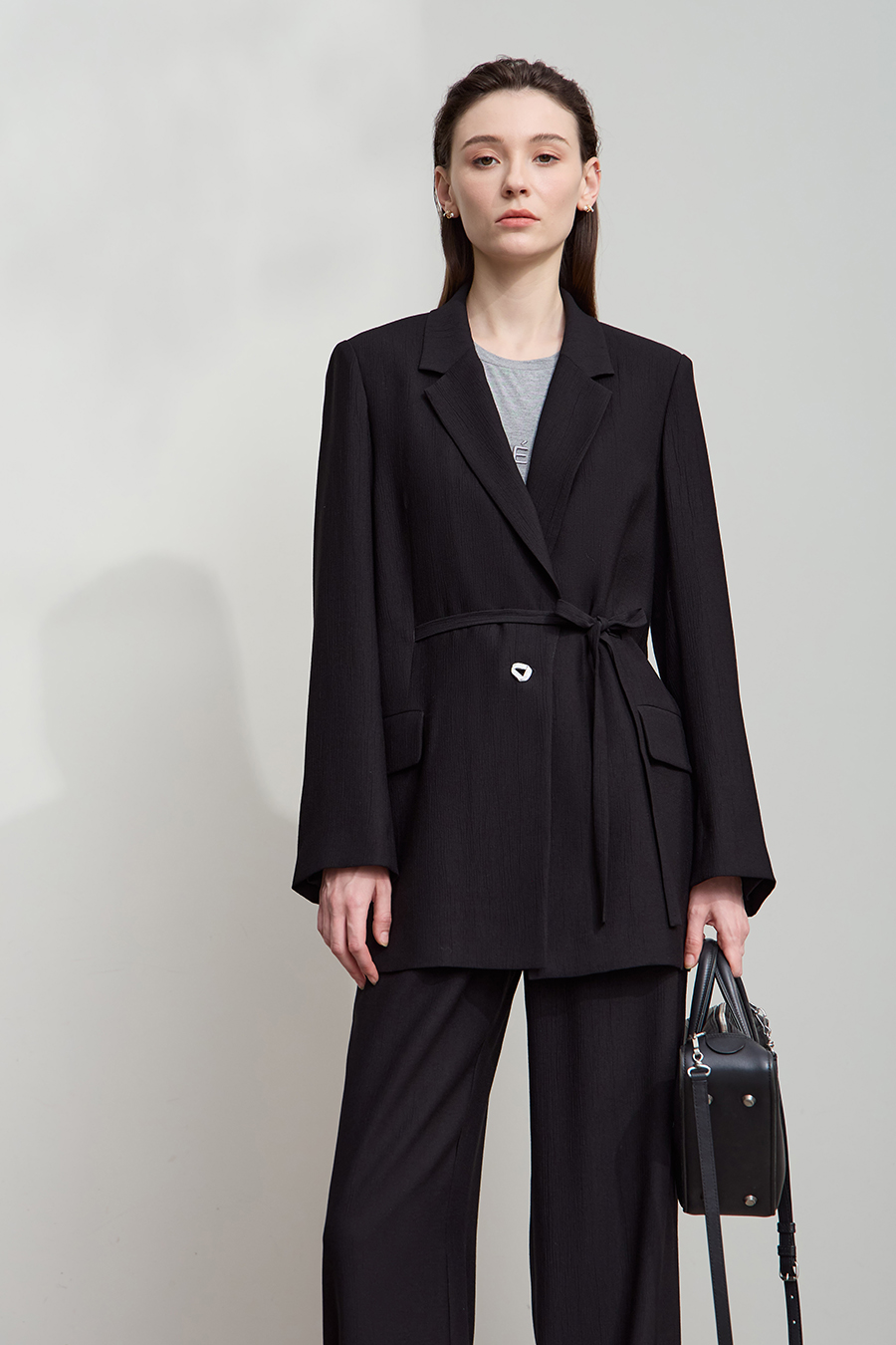 Tie Waist Padded Shoulder Blazer