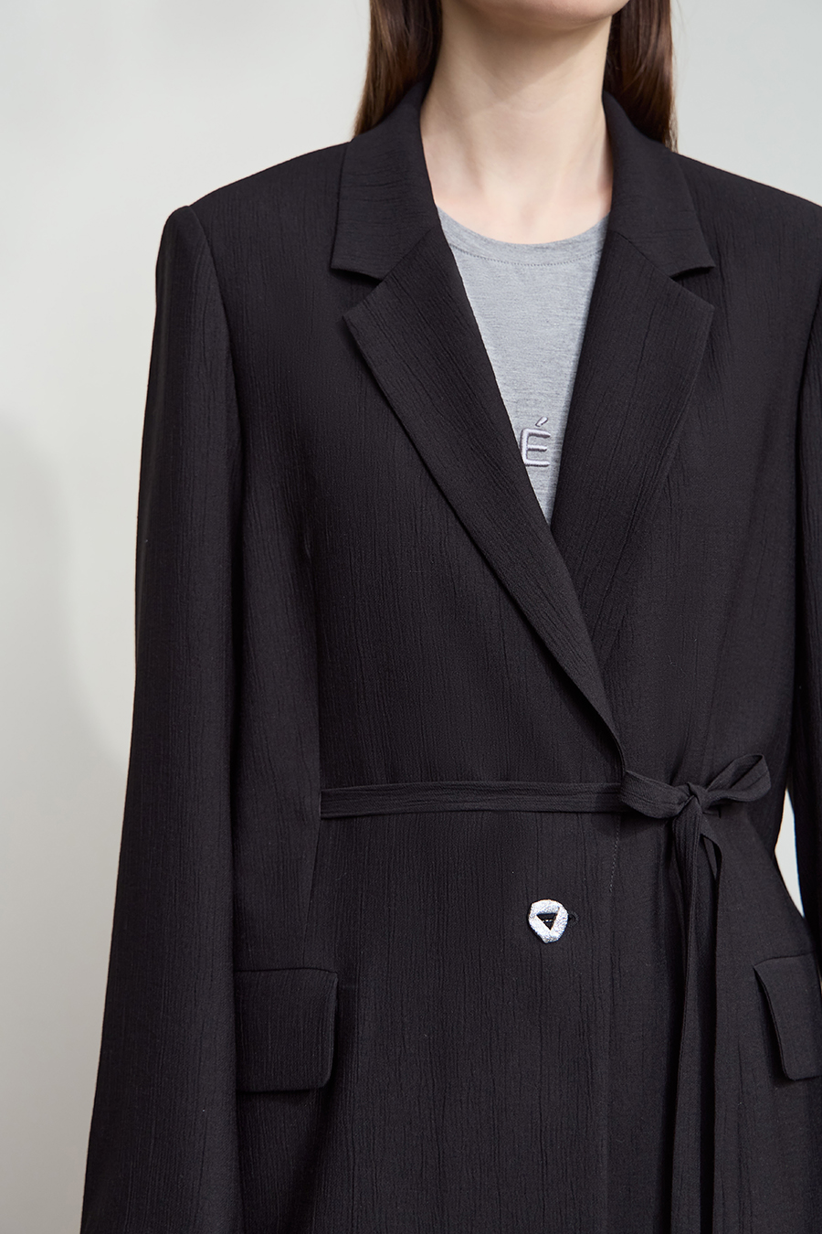 Tie Waist Padded Shoulder Blazer