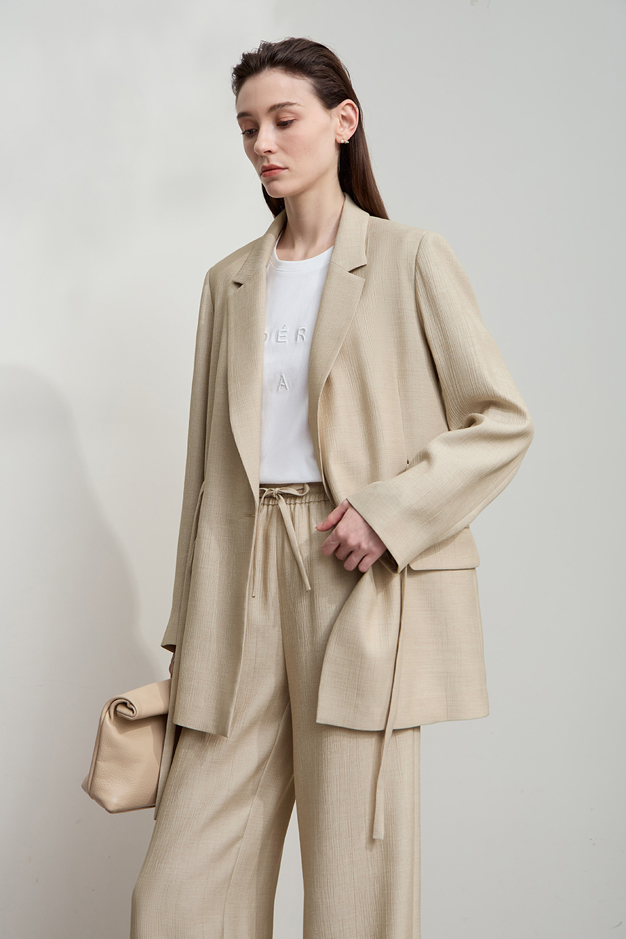 Tie Waist Padded Shoulder Blazer