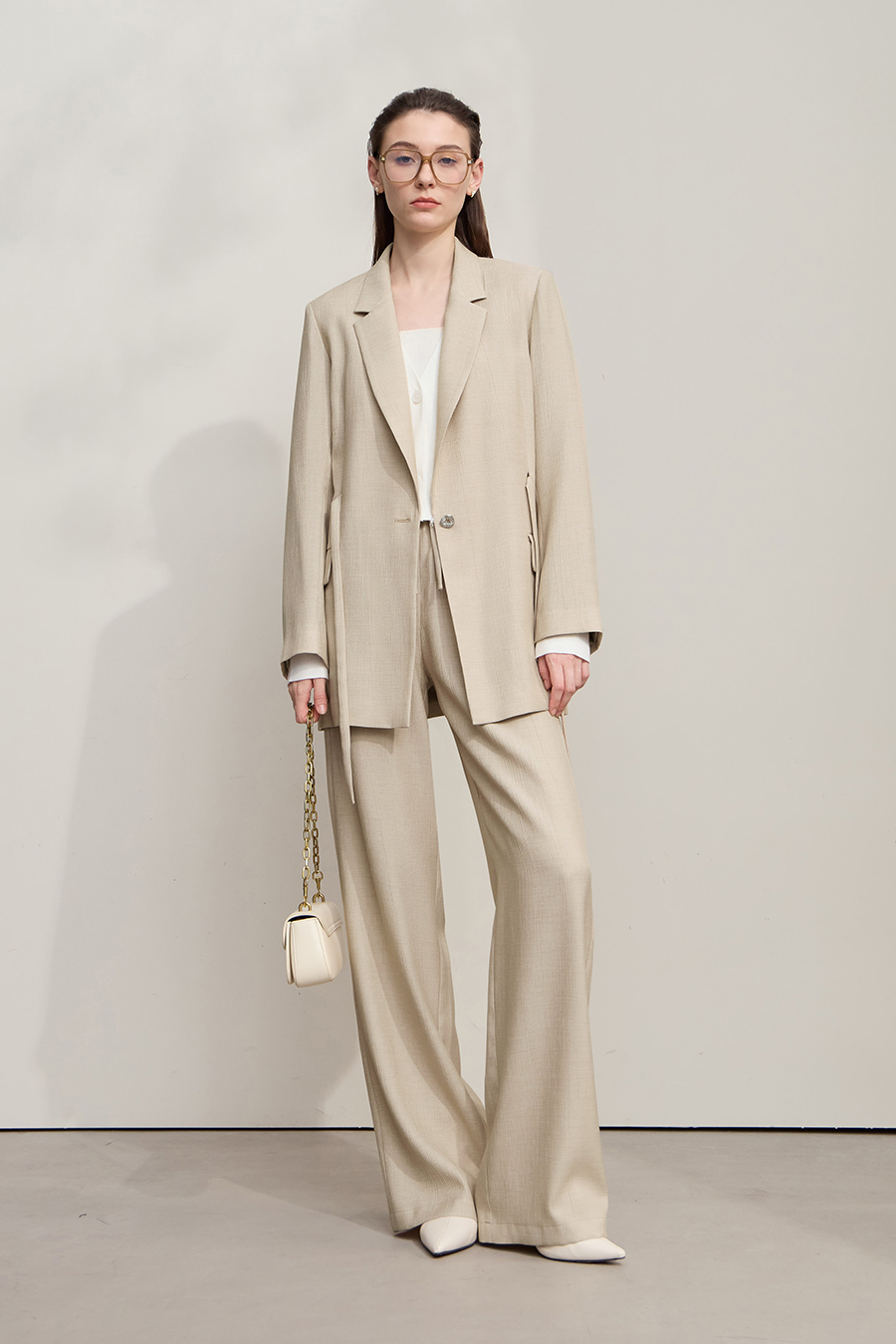 Tie Waist Padded Shoulder Blazer