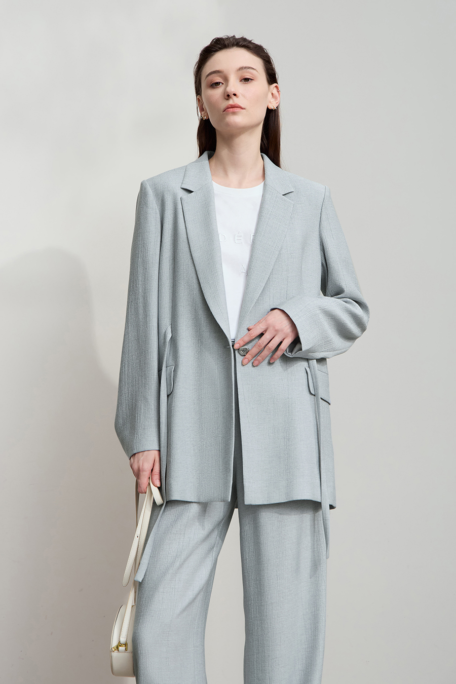 Tie Waist Padded Shoulder Blazer