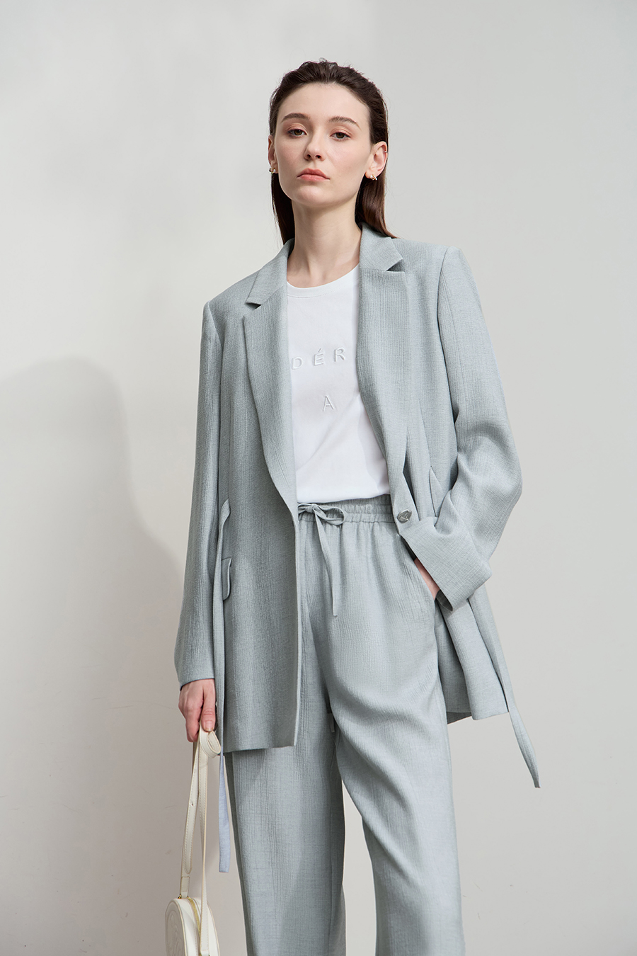 Tie Waist Padded Shoulder Blazer