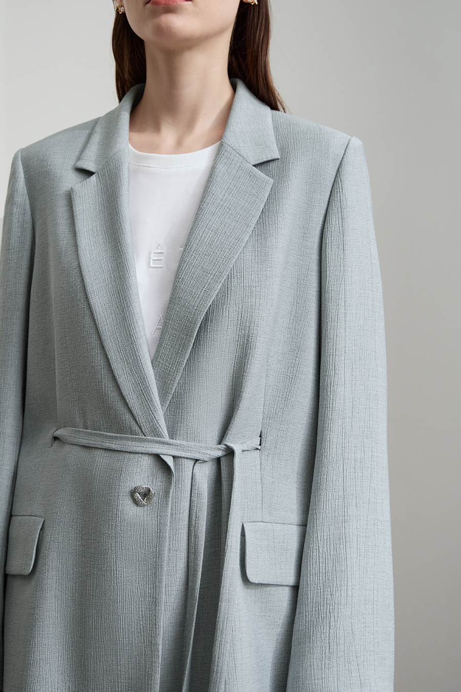 Tie Waist Padded Shoulder Blazer