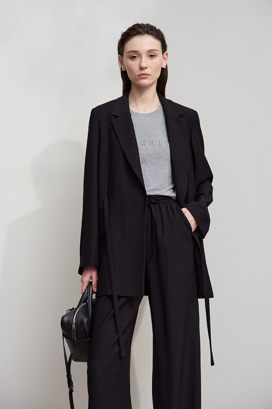 Tie Waist Padded Shoulder Blazer