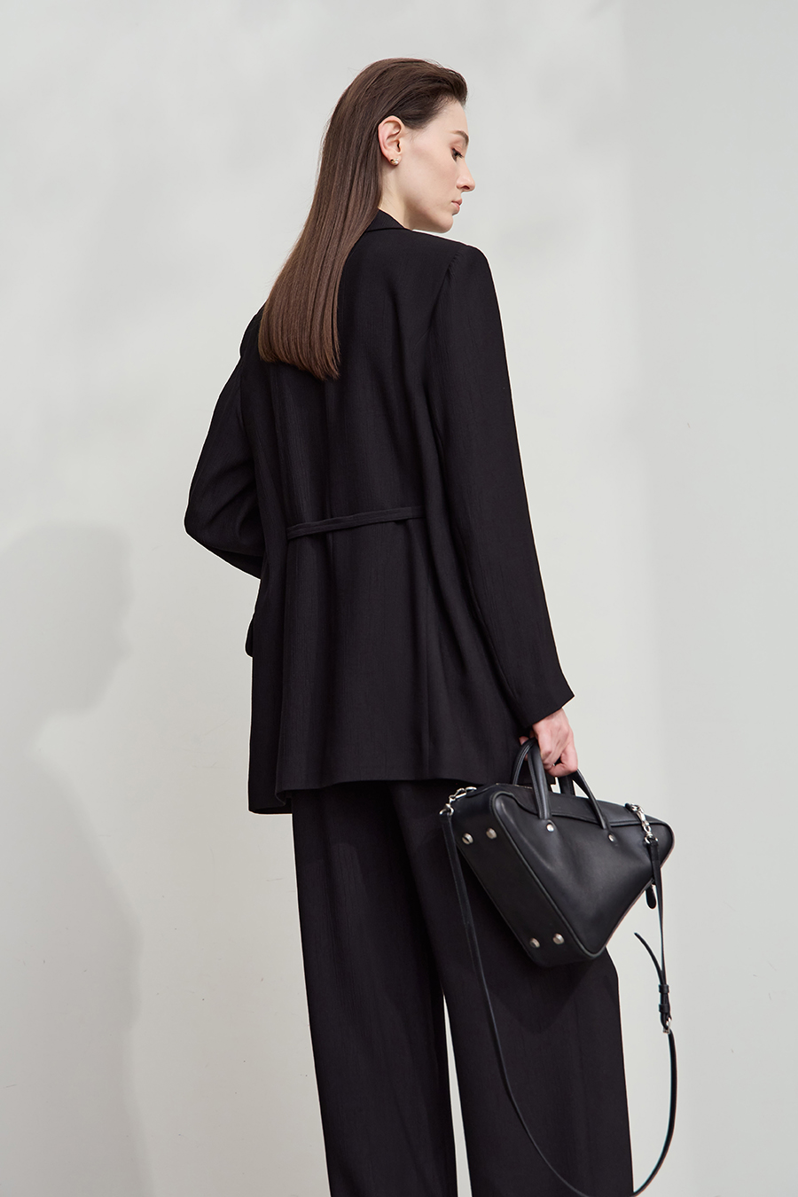 Tie Waist Padded Shoulder Blazer