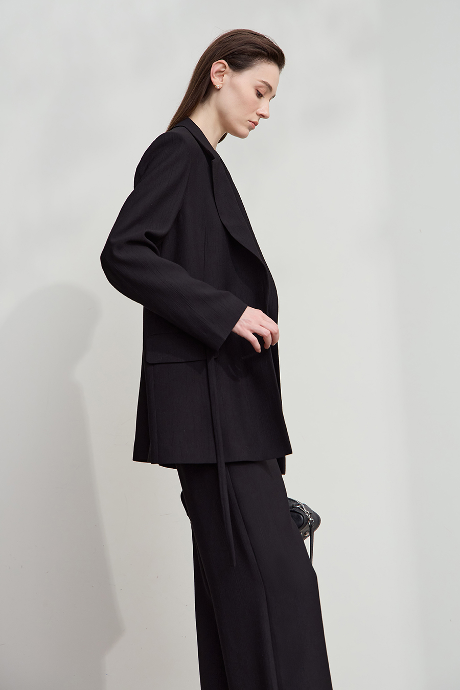 Tie Waist Padded Shoulder Blazer