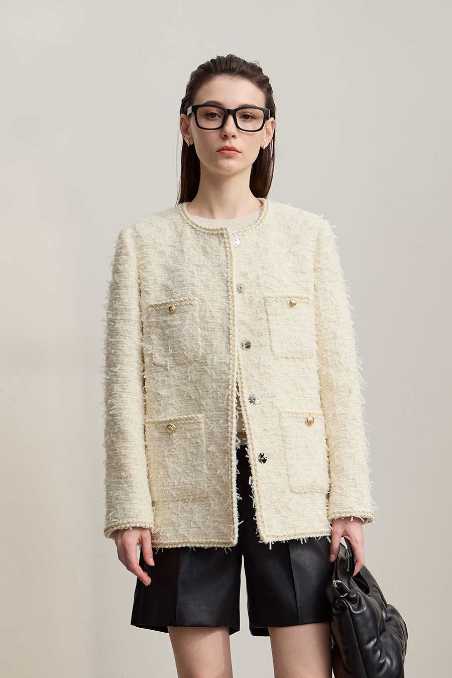 Elegant Crew Neck Tweed Coat