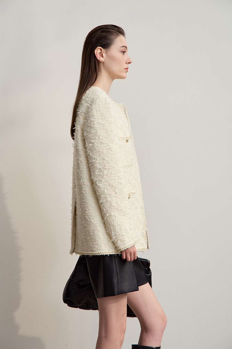 Elegant Crew Neck Tweed Coat