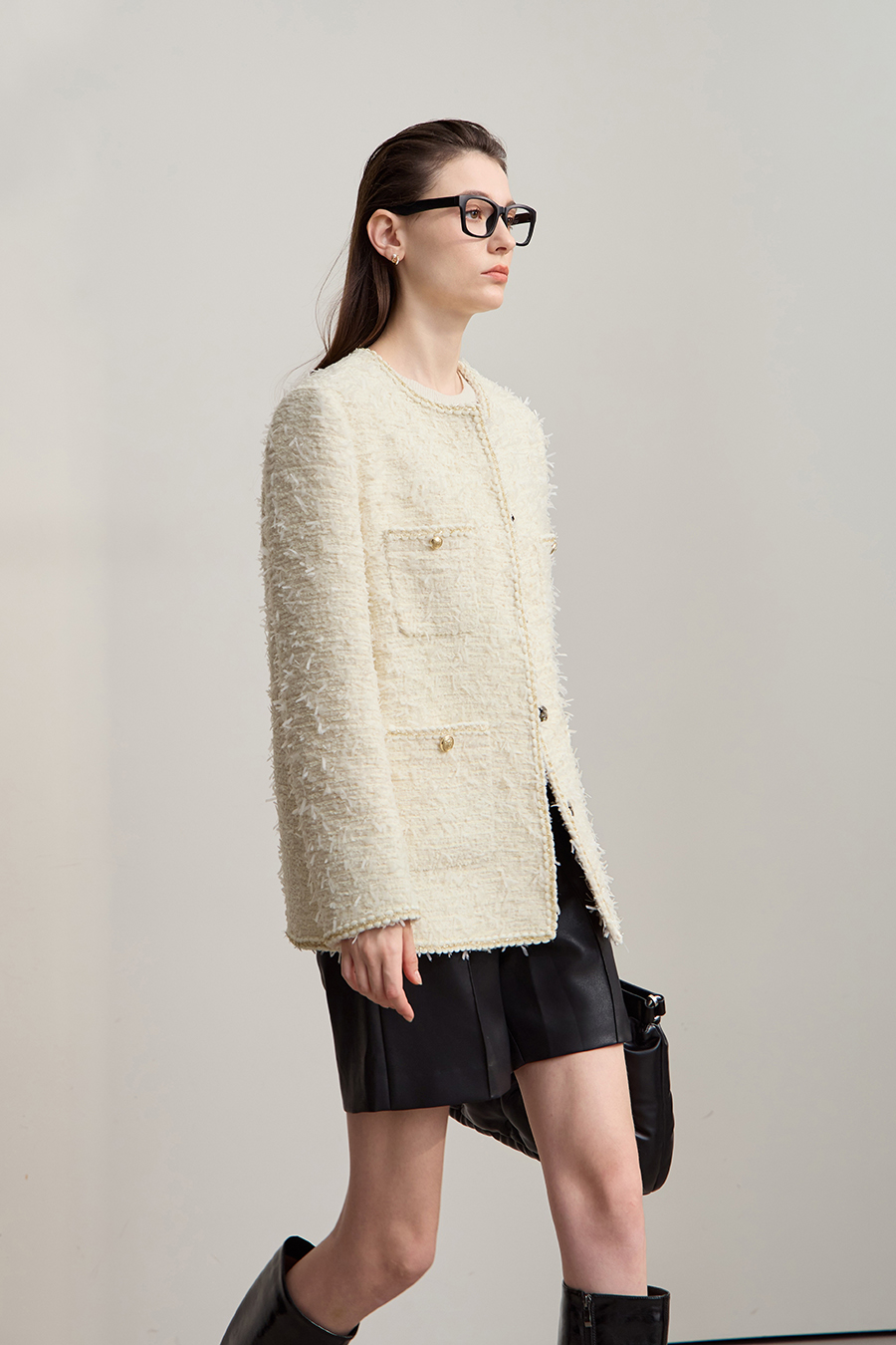 Elegant Crew Neck Tweed Coat