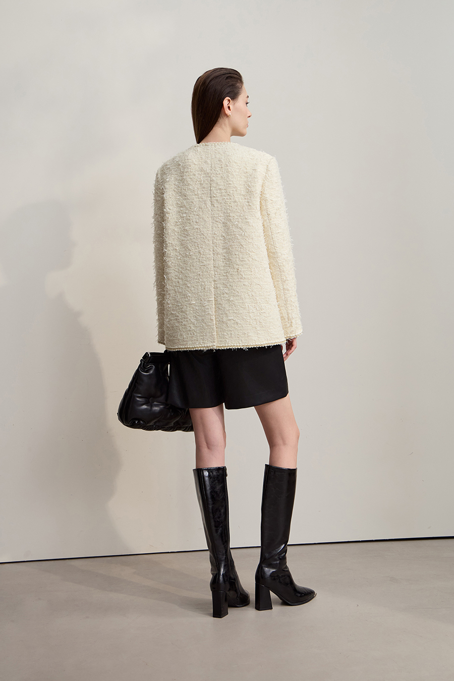 Elegant Crew Neck Tweed Coat