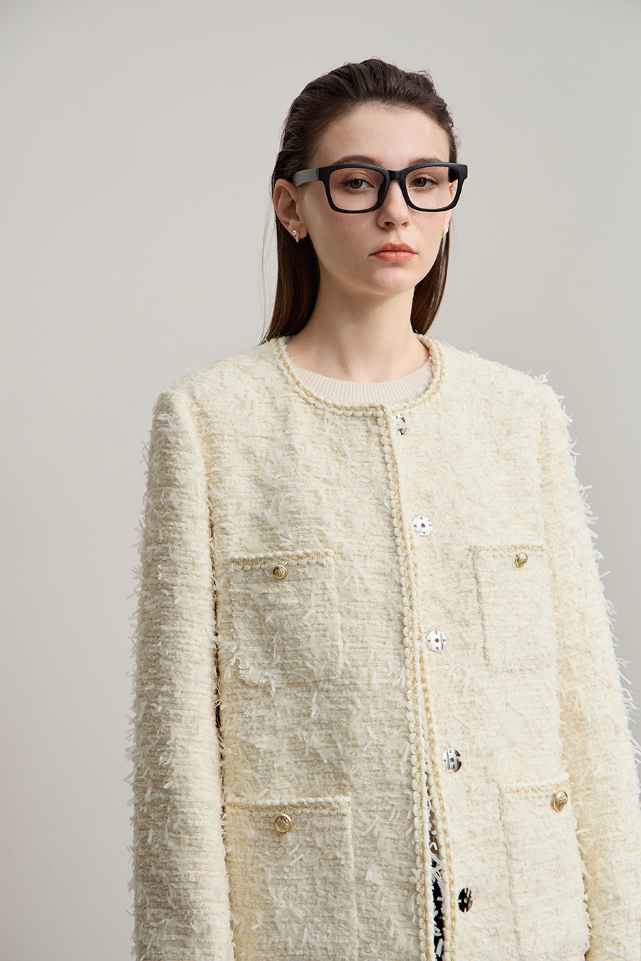 Elegant Crew Neck Tweed Coat