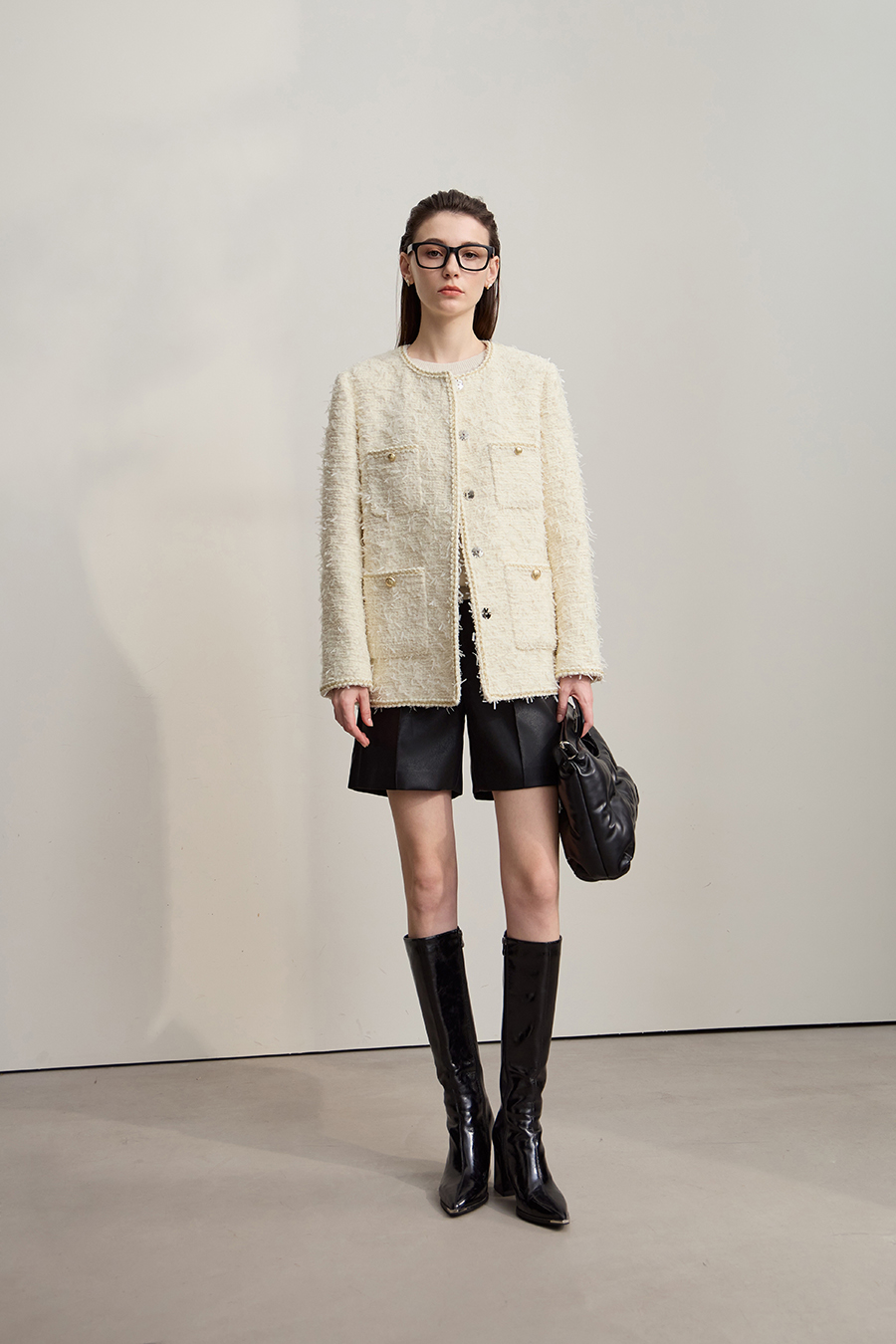 Elegant Crew Neck Tweed Coat