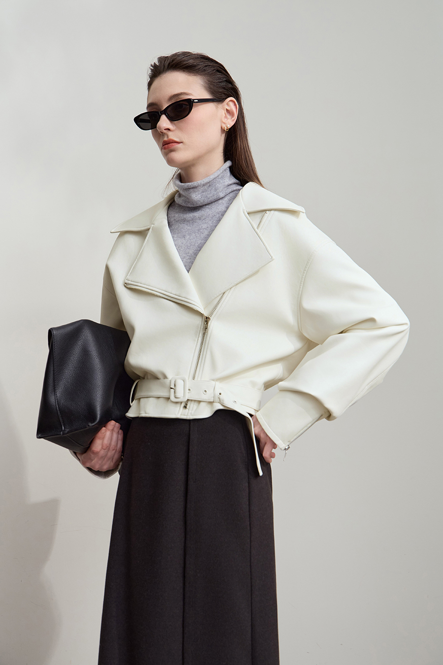 Cropped Lapel PU Leather Jacket