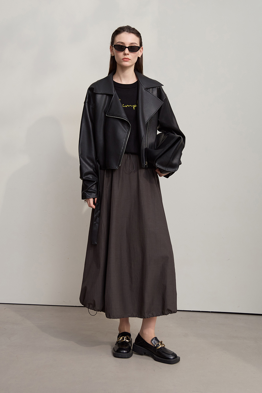 Cropped Lapel PU Leather Jacket