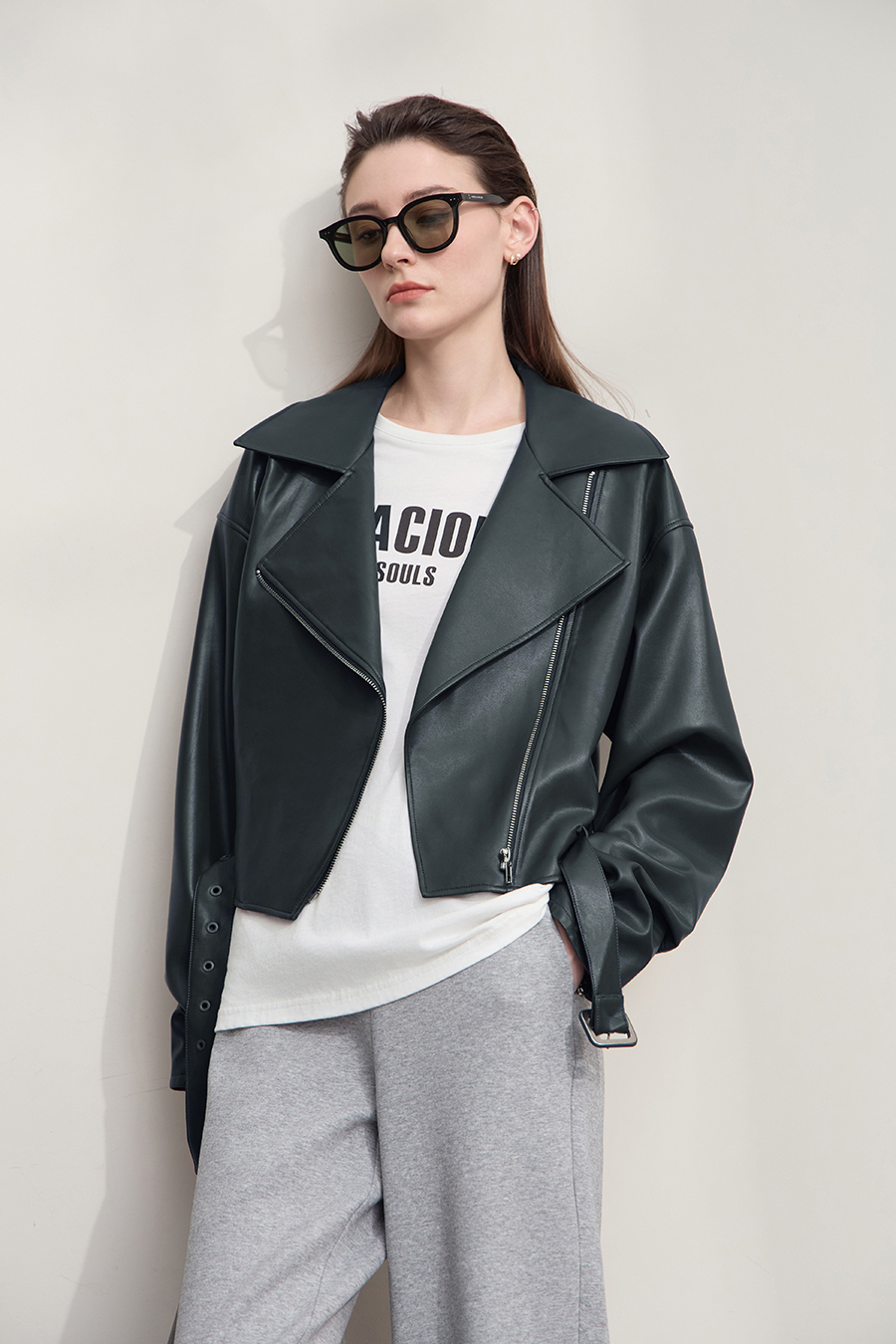 Cropped Lapel PU Leather Jacket