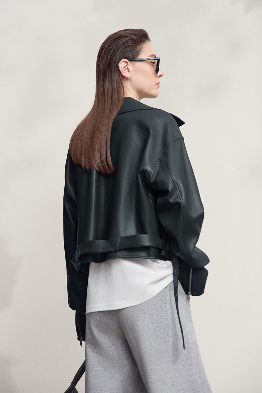 Cropped Lapel PU Leather Jacket