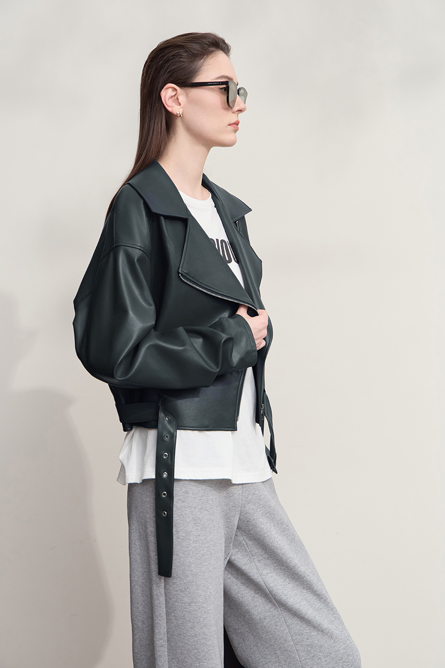 Cropped Lapel PU Leather Jacket