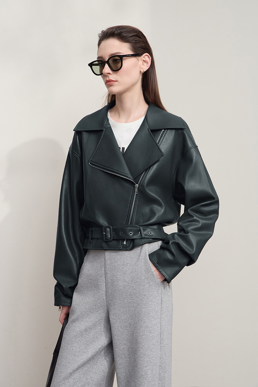 Cropped Lapel PU Leather Jacket