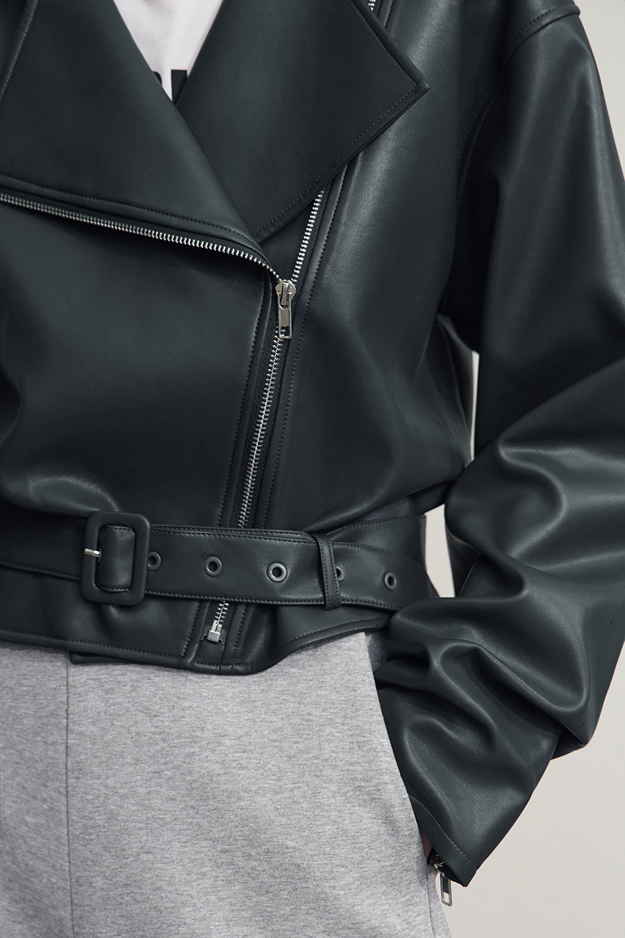 Cropped Lapel PU Leather Jacket