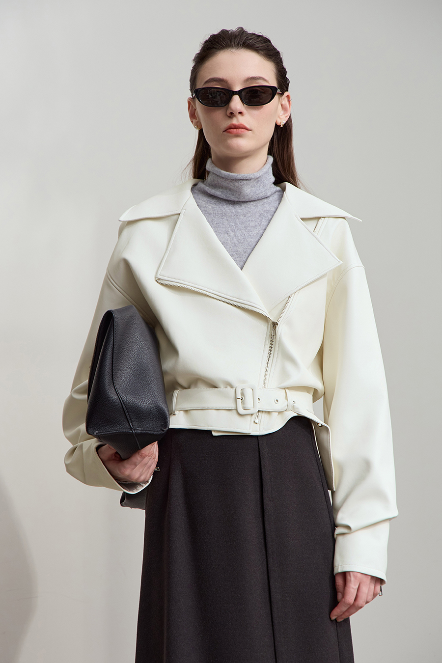 Cropped Lapel PU Leather Jacket