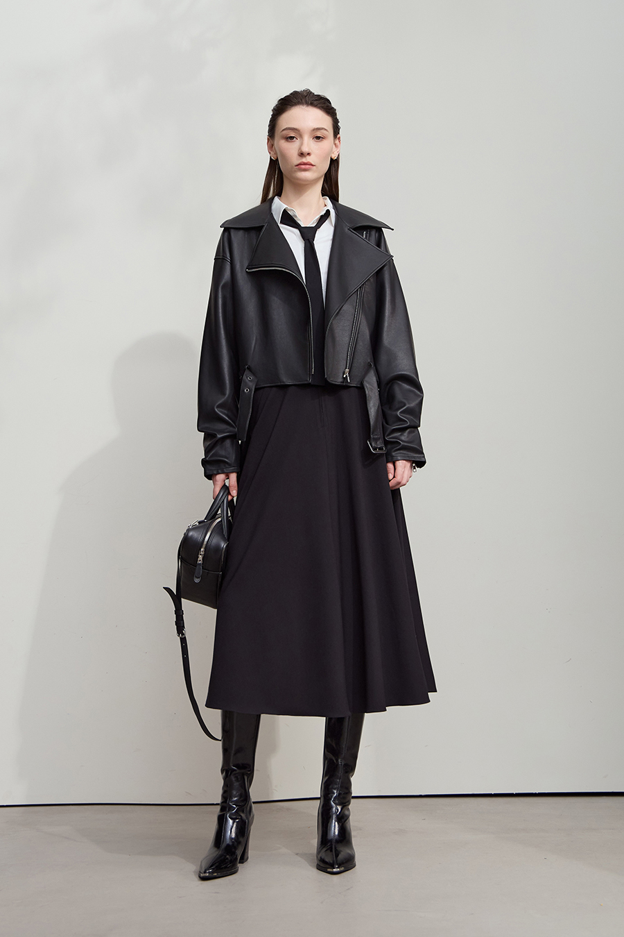 Cropped Lapel PU Leather Jacket