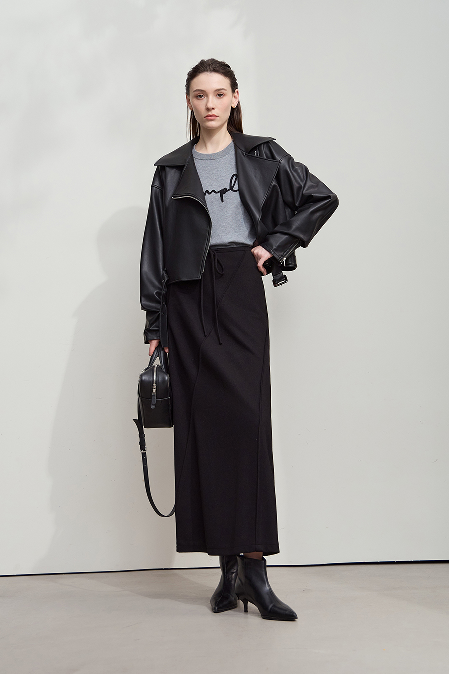 Cropped Lapel PU Leather Jacket