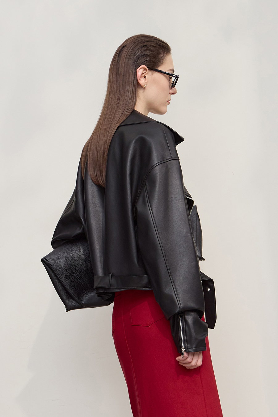 Cropped Lapel PU Leather Jacket