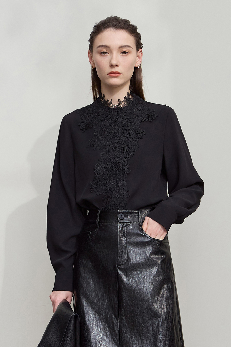 Lace Stand Collar Loose Shirt|AMII-AMII.com