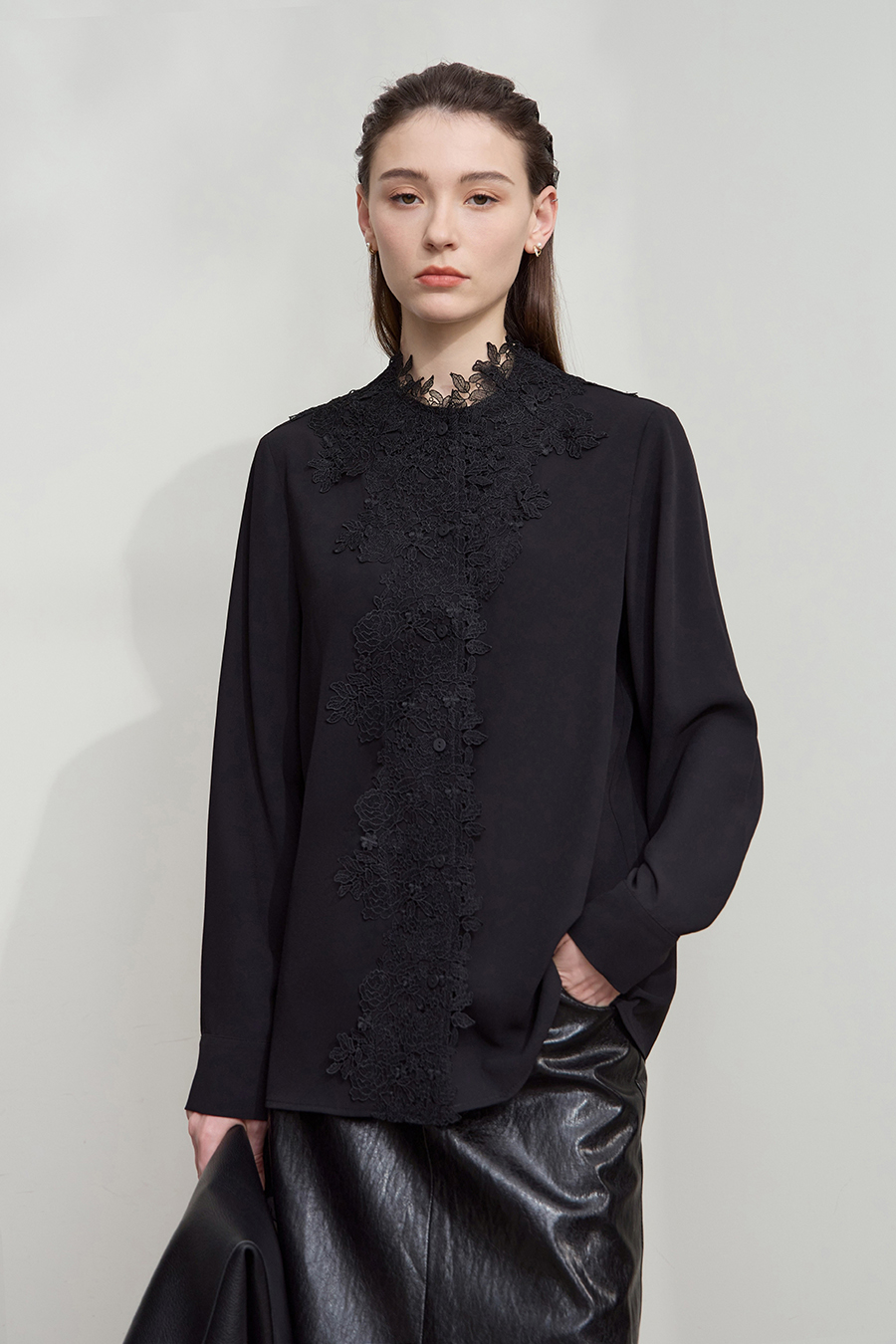 Lace Stand Collar Loose Shirt|AMII-AMII.com