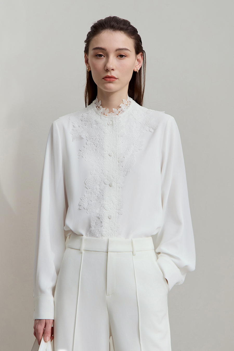 Lace Stand Collar Loose Shirt|AMII-AMII.com