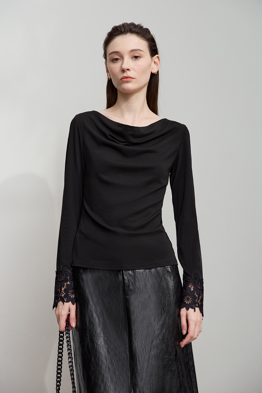 Draped Neck Lace Cuff T-Shirt