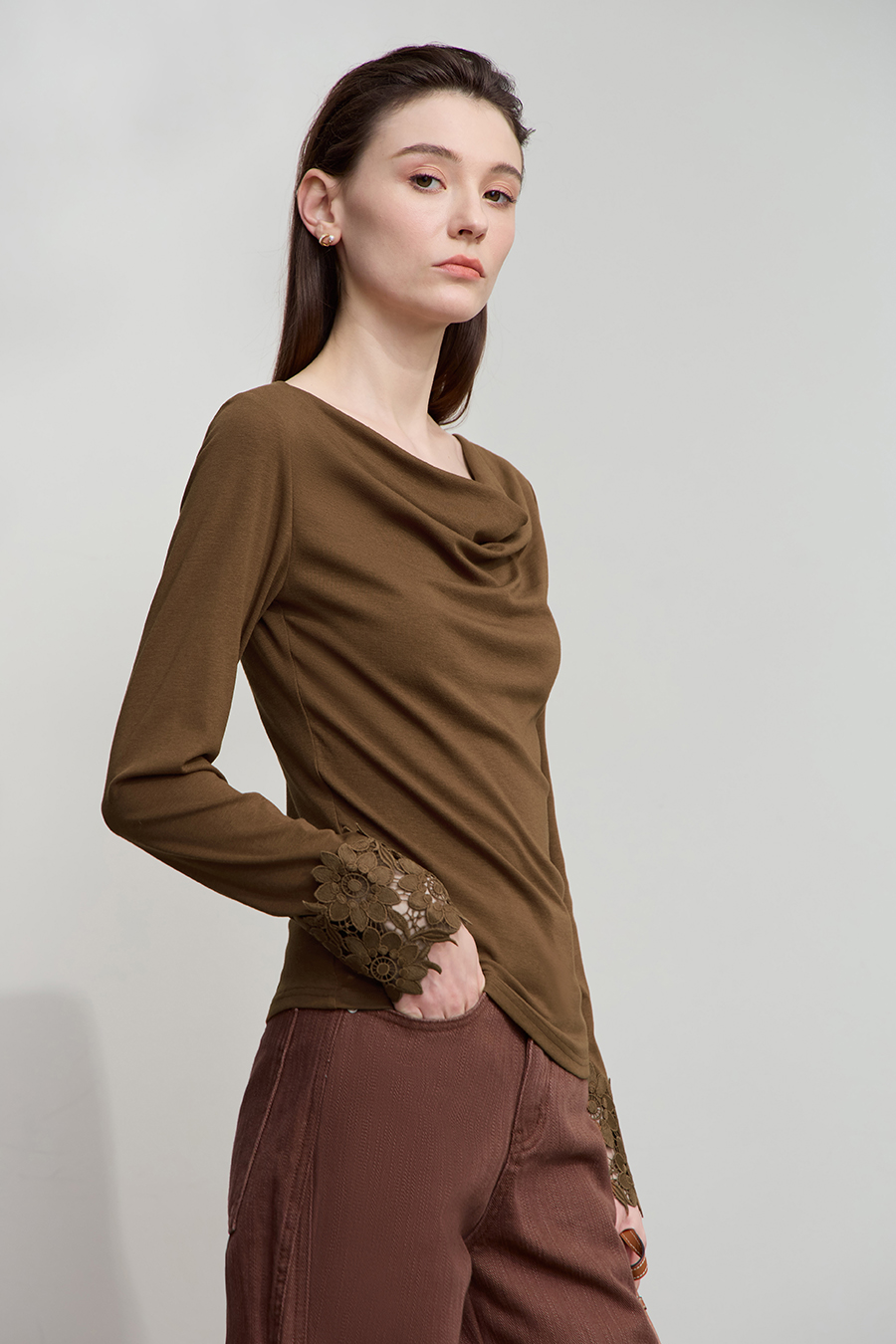 Draped Neck Lace Cuff T-Shirt