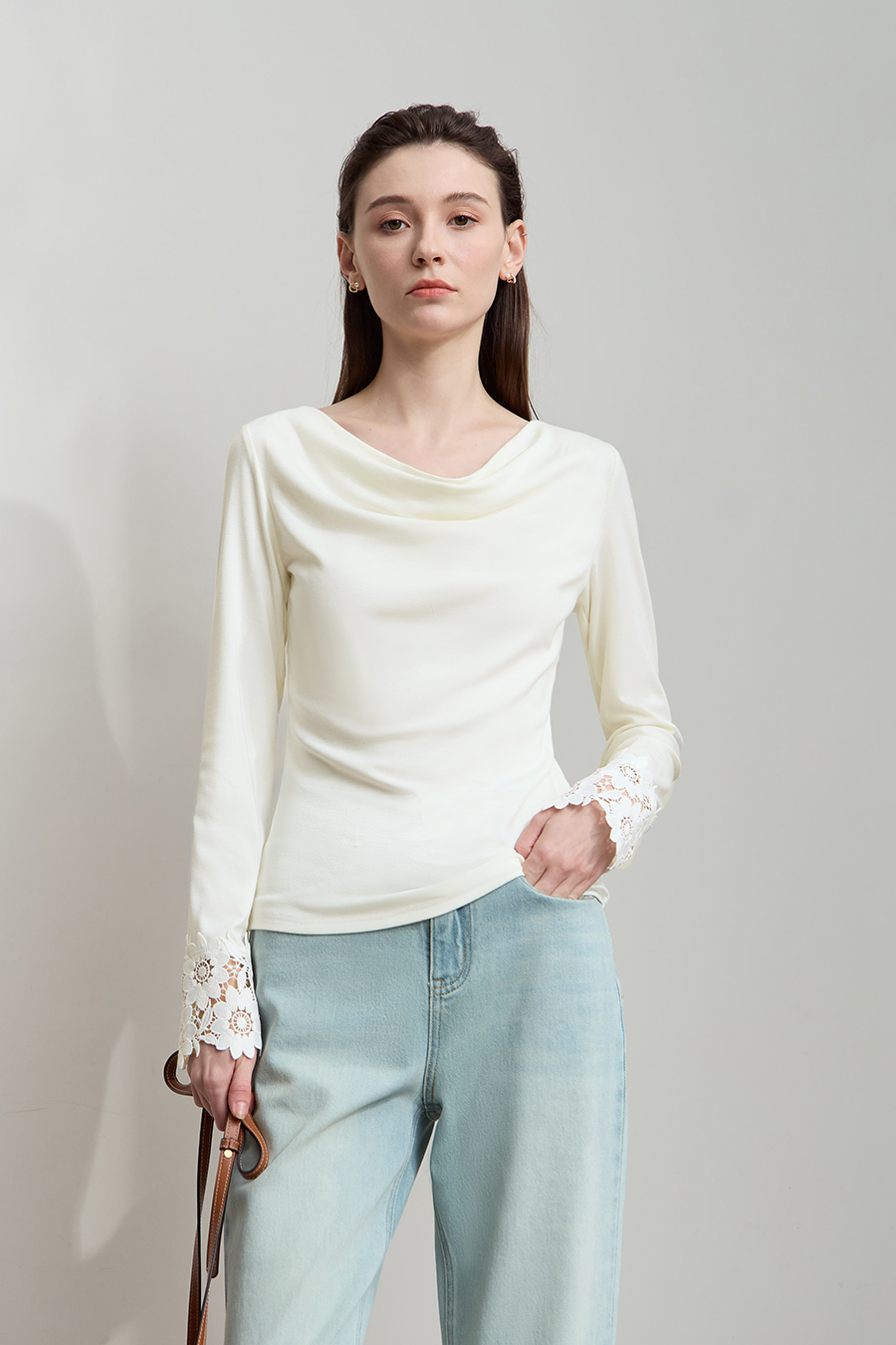 Draped Neck Lace Cuff T-Shirt