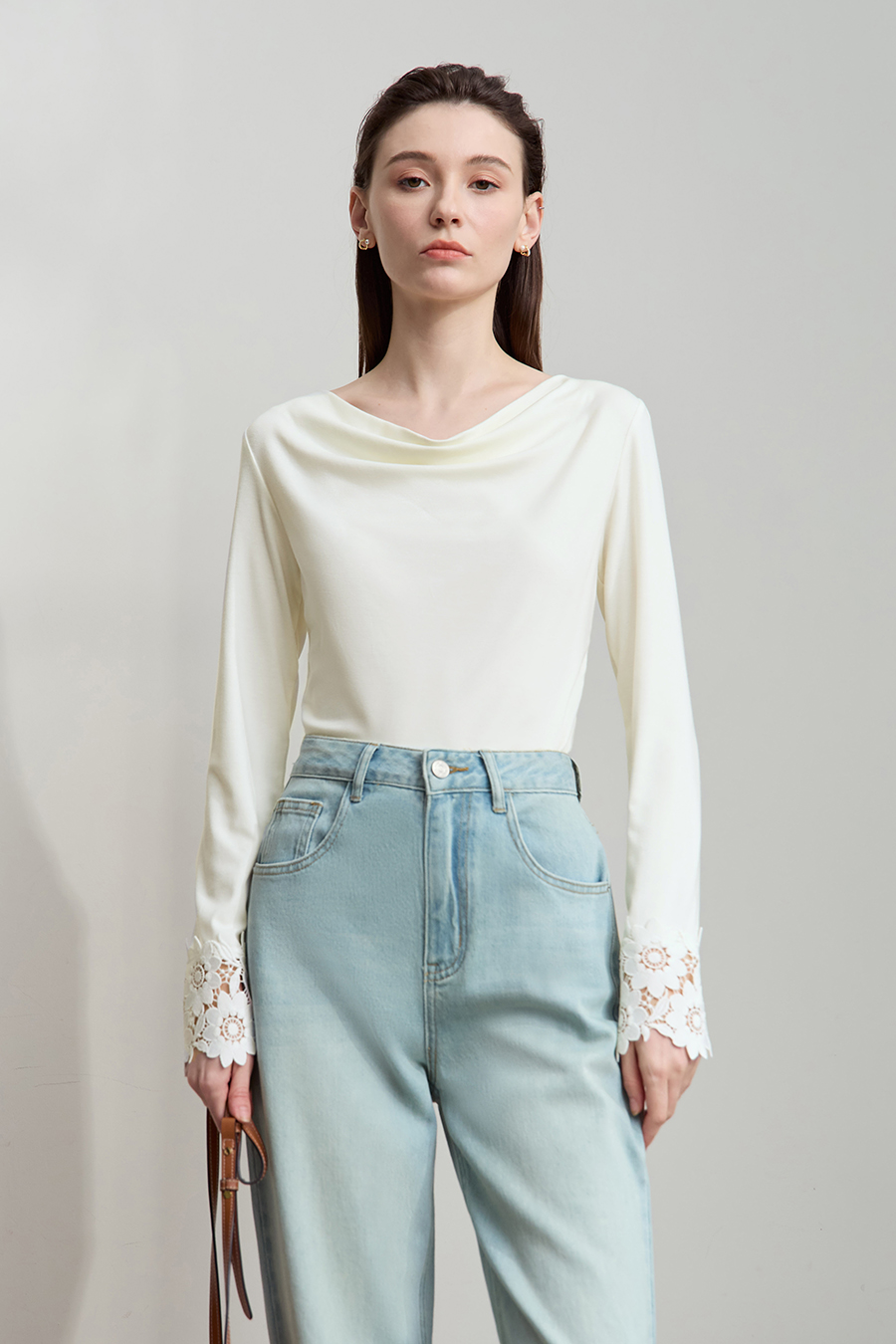 Draped Neck Lace Cuff T-Shirt