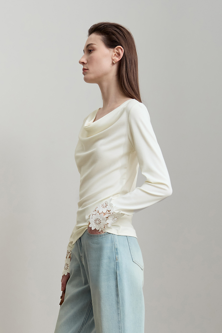 Draped Neck Lace Cuff T-Shirt